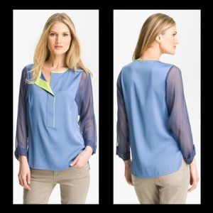 New Elie Tahari Mallory silk relaxed fit sheer sleeve mixed media career blouse